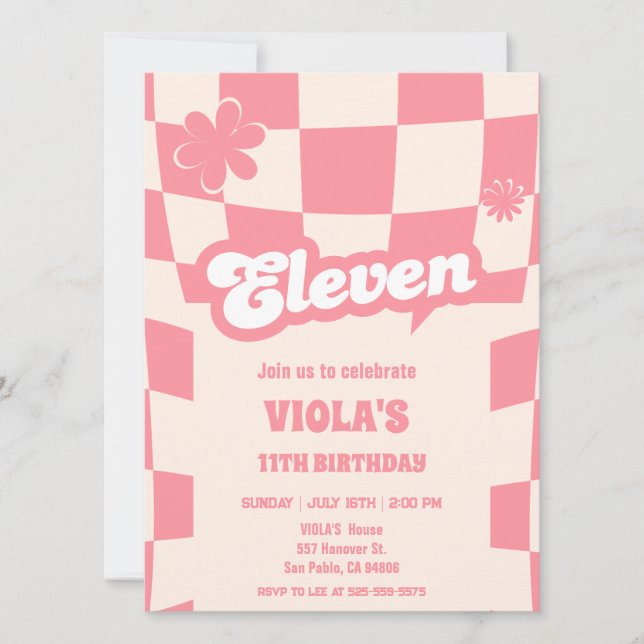 Groovy Retro Eleven Pink 11th birthday  Invitation (Front)