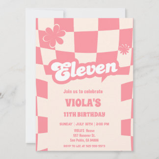 Groovy Retro Eleven Pink 11th birthday  Invitation
