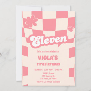Groovy Retro Eleven Pink 11th birthday Invitation
