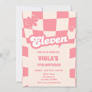 Groovy Retro Eleven Pink 11th birthday  Invitation