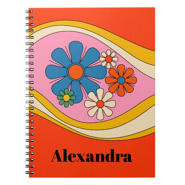 Groovy Retro Floral 60s 70s Colourful Personalised Notebook (Front)
