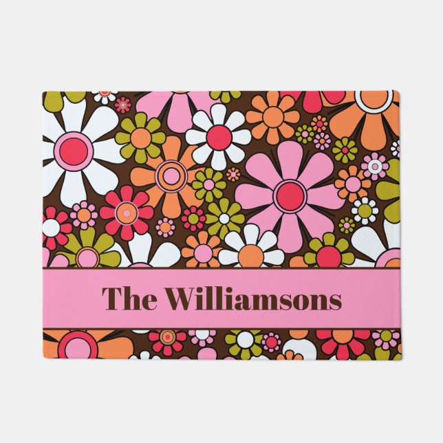 Groovy Retro Floral 60s 70s Flowers Personalised Doormat (Front)