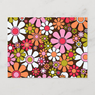 Groovy Retro Floral 60s 70s Flowers Pink and Brown Postcard