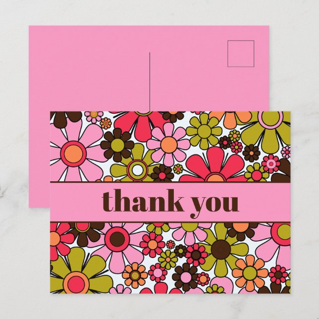 Groovy Retro Floral 60s 70s Flowers Thank You Postcard (Front/Back)