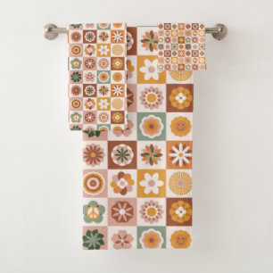 Groovy Retro Floral Check Bath Towel Set