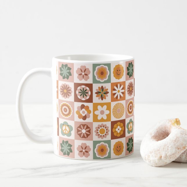 Groovy Retro Floral Checked Coffee Mug (With Donut)