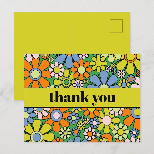 Groovy Retro Floral Colourful 60s 70s Thank You Postcard (Front/Back)