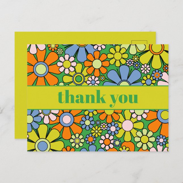 Groovy Retro Floral Colourful 60s 70s Thank You Postcard (Front/Back)