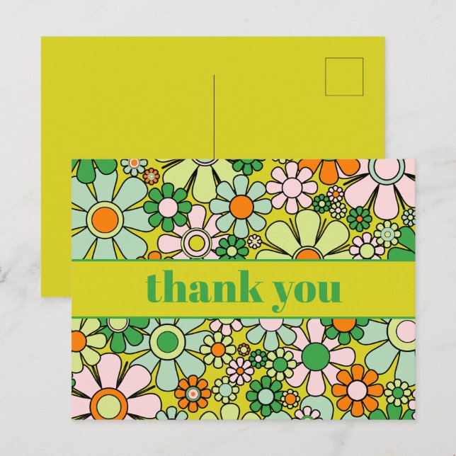 Groovy Retro Floral Colourful 60s 70s Thank You Postcard (Front/Back)