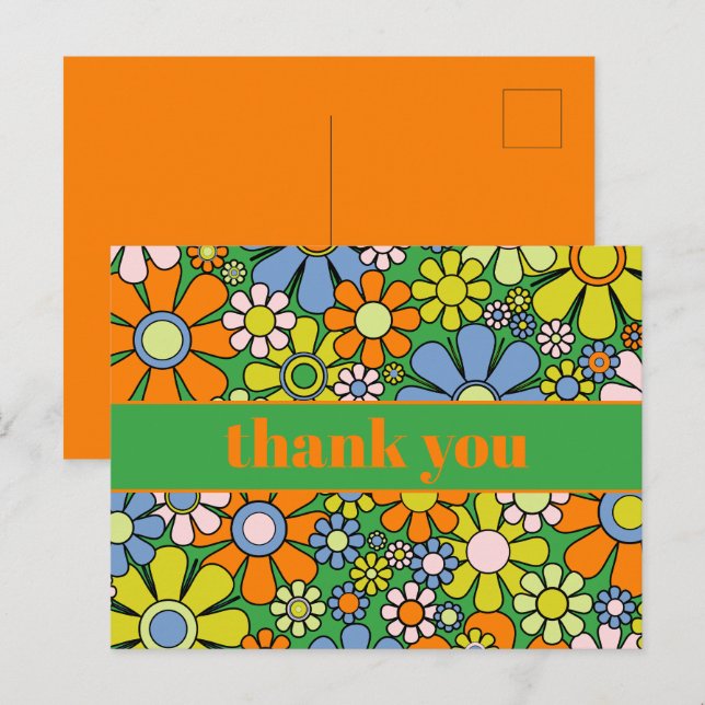 Groovy Retro Floral Colourful 60s 70s Thank You Postcard (Front/Back)