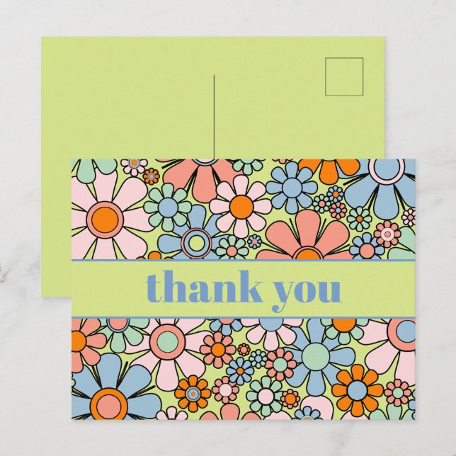 Groovy Retro Floral Colourful 60s 70s Thank You Postcard (Front/Back)