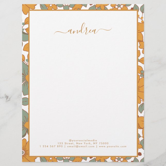 Groovy Retro Floral & Custom Business Name Hippie Custom Letterhead (Front)