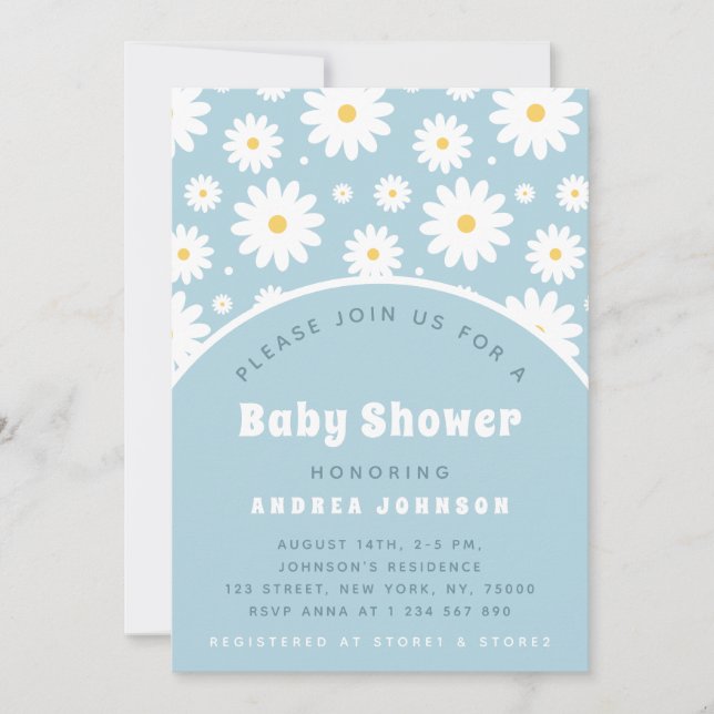 Groovy Retro Floral Dusty Blue Daisy Baby Shower Invitation (Front)