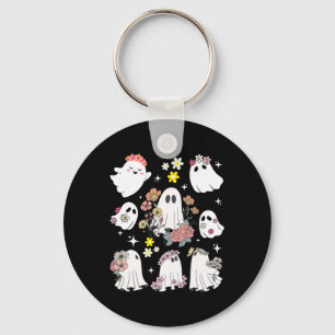 Groovy Retro Floral Ghost Hippie Cute Halloween Sp Key Ring