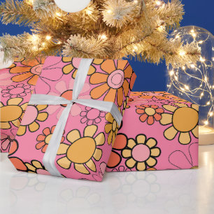 Groovy Retro Floral Pattern 60s 70s Pink Whimsical Wrapping Paper