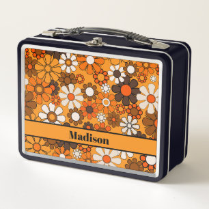 Groovy Retro Floral Pattern 70s Personalised Metal Lunch Box