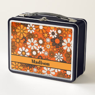 Groovy Retro Floral Pattern 70s Personalised Metal Lunch Box