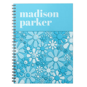 Groovy Retro Floral Personalised 60s Blue Notebook