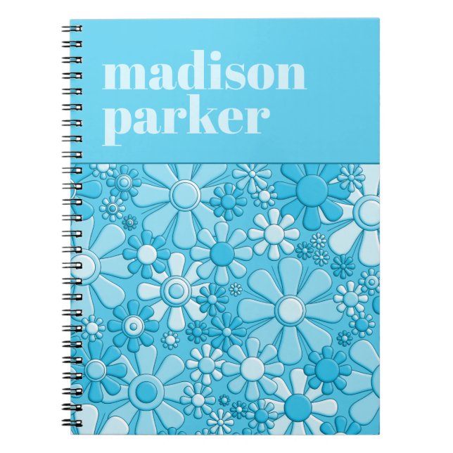 Groovy Retro Floral Personalised 60s Blue Notebook (Front)