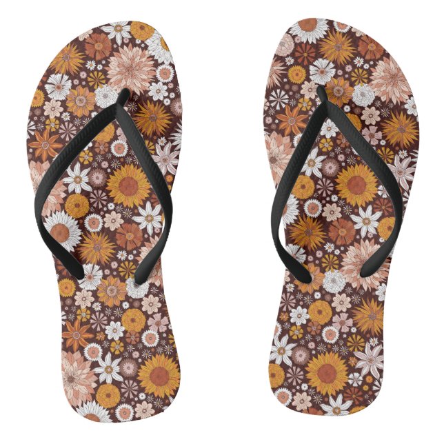 Groovy Retro Flower Garden Pattern Flip Flops (Footbed)