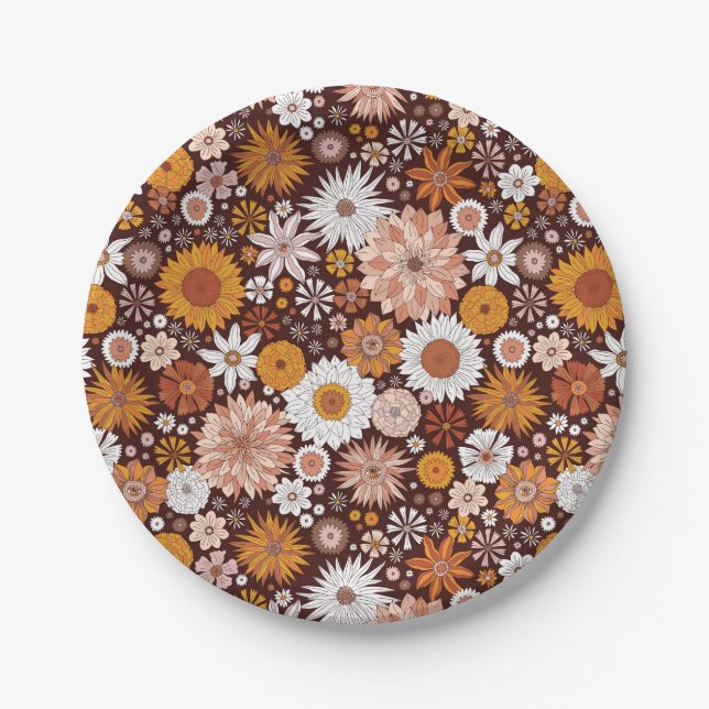 Groovy Retro Flower Garden Pattern Paper Plate (Front)