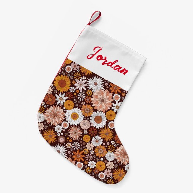 Groovy Retro Flower Garden Pattern Small Christmas Stocking (Front (Hanging))
