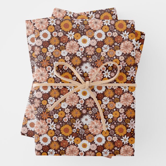 Groovy Retro Flower Garden Pattern Wrapping Paper Sheet (In situ)