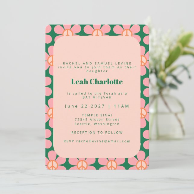 Groovy Retro Flower Peace Pink Green Bat Mitzvah Invitation (Standing Front)