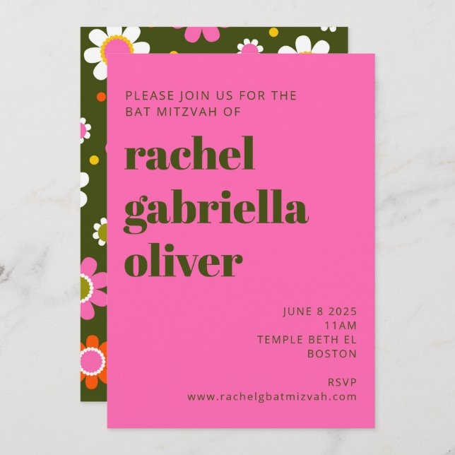 Groovy Retro Flowers Bright Pink Bold Bat Mitzvah Invitation (Front/Back)