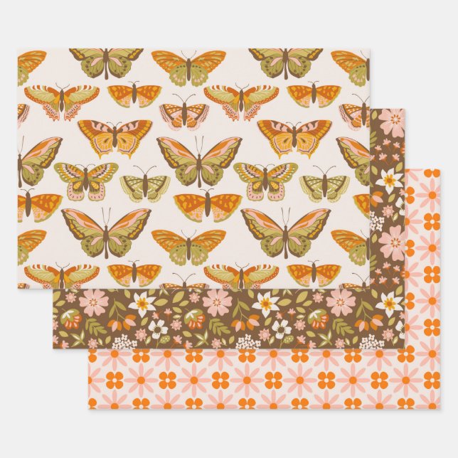 Groovy Retro Flowers, Butterflies and Geometric Wrapping Paper Sheet (Set)