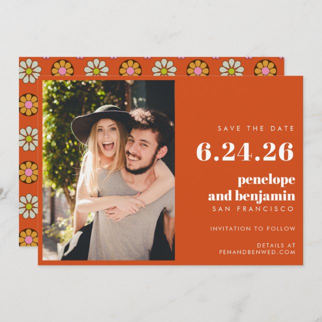 Groovy Retro Flowers Orange Pink Photo Wedding  Save The Date (Front/Back)