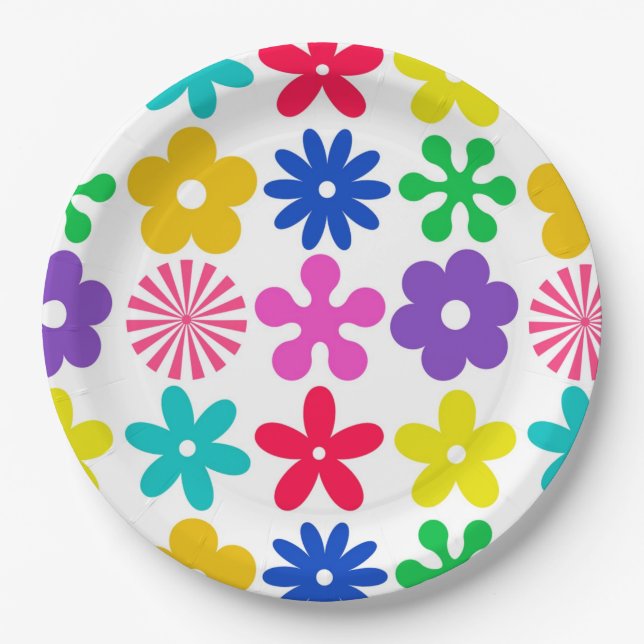 GROOVY RETRO FLOWERS PAPER PLATE (Front)