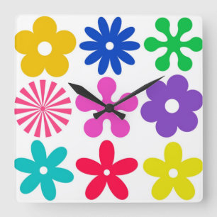 GROOVY RETRO FLOWERS SQUARE WALL CLOCK