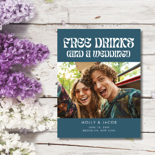 Groovy Retro Free Drinks Wedding Save the Date Announcement Postcard