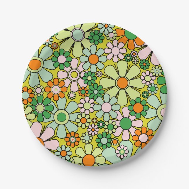 Groovy Retro Garden 60s 70s Spring Floral Pattern Paper Plate (Front)