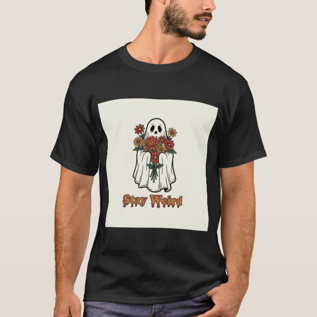 Groovy Retro Ghost with Flowers "Stay Weird" Spook T-Shirt (Front)