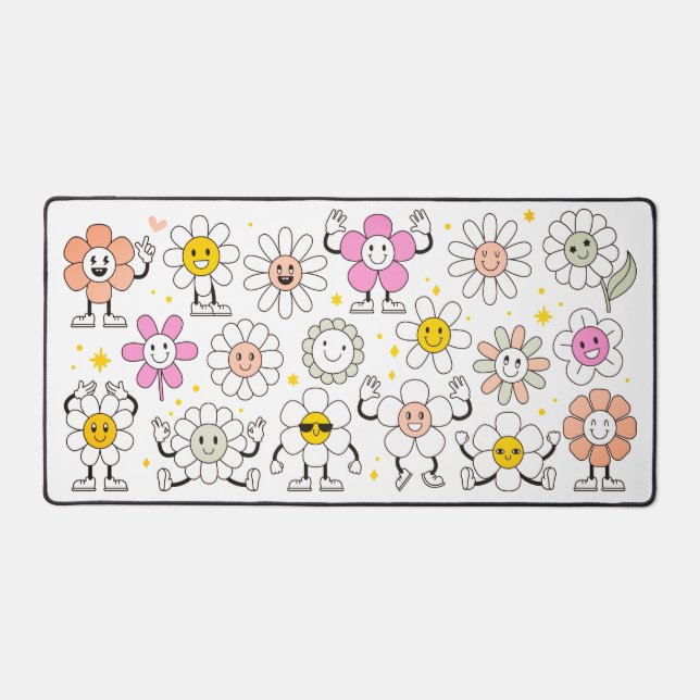 Groovy Retro Girly Happy Flower Cartoon Desk Mat (Front)