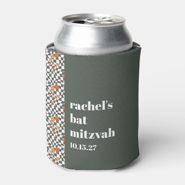 Groovy Retro Green Mushrooms Custom Bat Mitzvah  Can Cooler (Can Front)