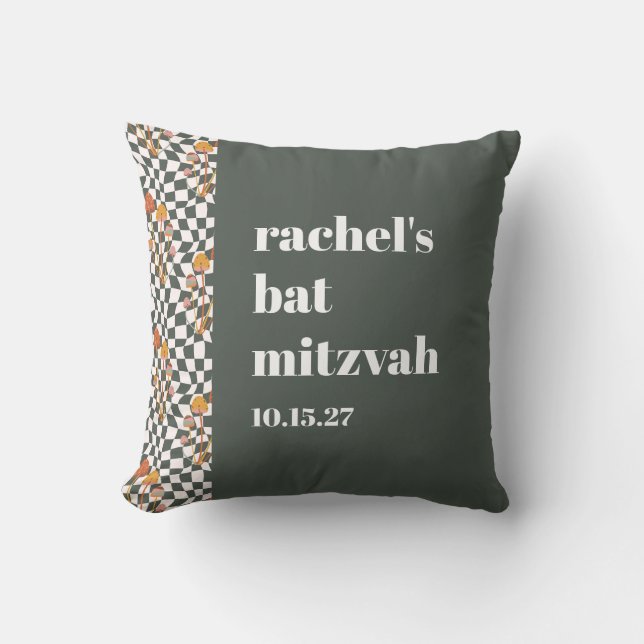 Groovy Retro Green Mushrooms Custom Bat Mitzvah  Cushion (Front)
