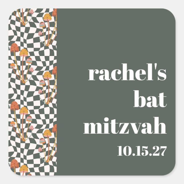Groovy Retro Green Mushrooms Custom Bat Mitzvah  Square Sticker (Front)