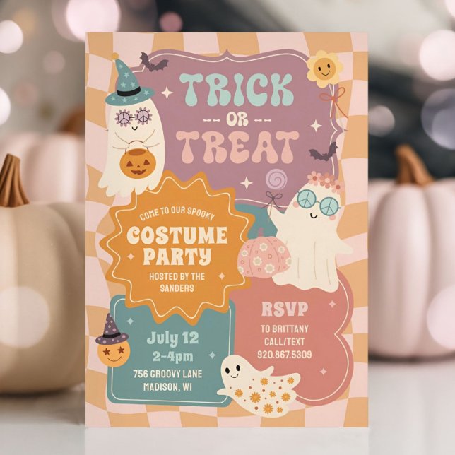 Groovy Retro Halloween Costume Party Cute Ghosts Invitation (Creator Uploaded)