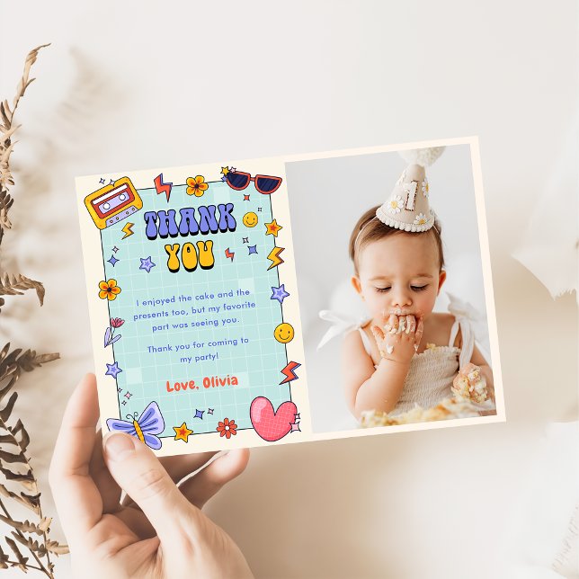 Groovy Retro Hippie Birthday Photo Thank You Card (Creator Uploaded)
