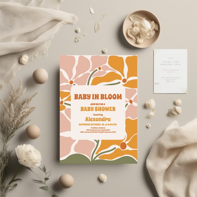 Groovy Retro Hippie Floral Pink Orange Baby Shower Invitation (Creator Uploaded)