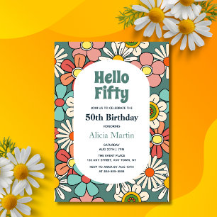 Groovy Retro Hippie Flower Hello Fifty Birthday Invitation