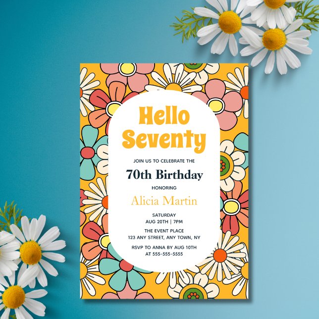 Groovy Retro Hippie Flower Hello Seventy Birthday Invitation (Creator Uploaded)