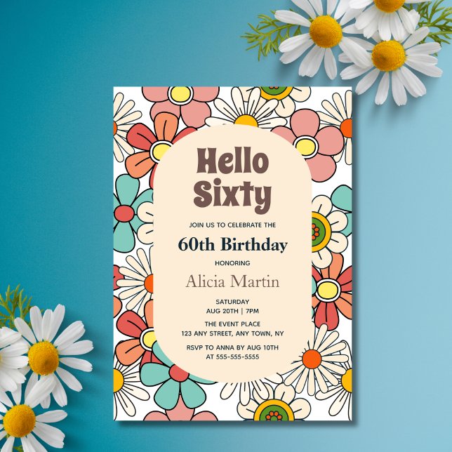 Groovy Retro Hippie Flower Hello Sixty Birthday  Invitation (Creator Uploaded)