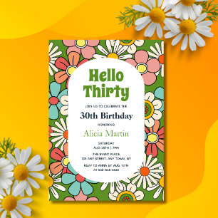 Groovy Retro Hippie Flower Hello Thirty Birthday Invitation