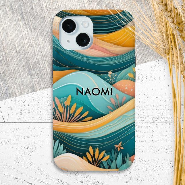 Groovy Retro Landscape Personalised Case-Mate iPhone Case (A stylish personalized phone case, with illustration of rolling hills in a retro groovy style)