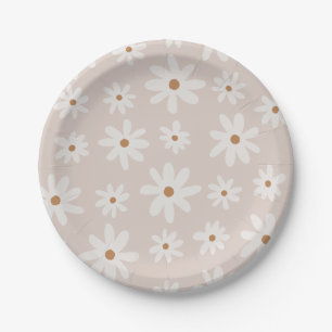 Groovy Retro Light Brown Daisy Floral Paper Plate
