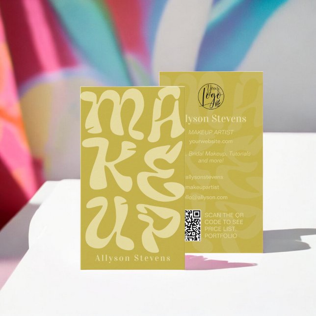 Groovy retro lime green logo qr code Makeup Business Card (Groovy retro lime green logo qr code Makeup Business Card)